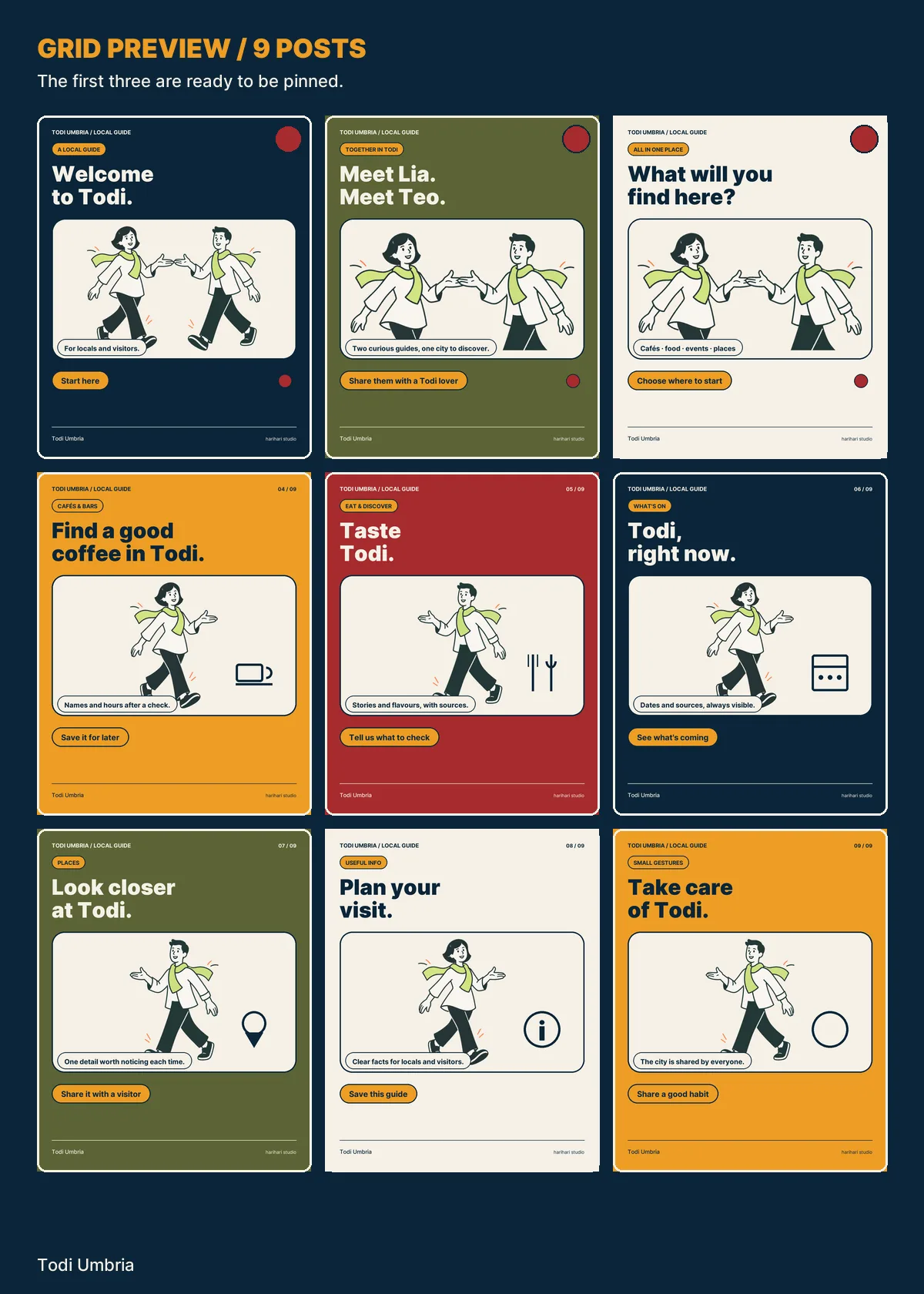 Preview of the Todi social grid with Lia and Teo and tiles about cafés, food, events and places.